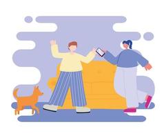 Actividades de personas, pareja en la sala de estar con perro y teléfono inteligente. vector