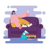 people activities, young woman sitting on sofa eating cupcake and books on floor vector