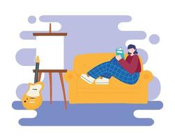 Actividades de personas, mujer sentada en el sofá leyendo un libro en la habitación con guitarra y lienzo vector