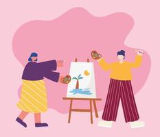 Actividades de personas, mujeres artistas dibujando sobre lienzo con paleta de colores en la mano y pincel vector