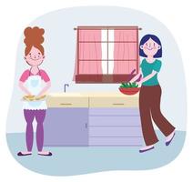 people cooking, girls with bowl and orange slices in the kitchen vector