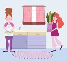 people cooking, woman with food in cutting board and girl with potted plant in the kitchen vector