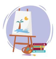 lienzo de arte con palmeras tropicales, sol, mar, diseño de paisaje, libros, pincel y paleta de colores