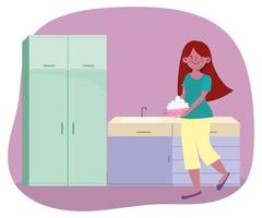 people cooking, girl holding food bowl in the kitchen vector