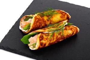 Pancake Rolls with Salmon Fried, Goat Cheese, Fennel and Wild Ga photo
