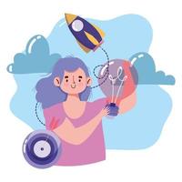 Creatividad y tecnología de personas, chica con objetivo de bombilla e idea. vector