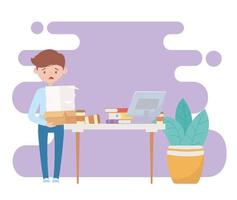 stress at work, frustrated worker with many documents desk with laptop books vector