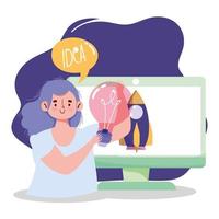 people creativity and technology,girl with idea computer startup cartoon vector