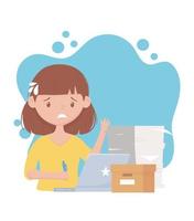 stress at work, exhausted female employee with a stack of papers a box and laptop vector