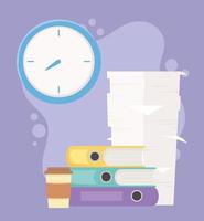 stress at work, pile of papers binders coffee cup and clock vector