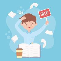 stress at work, stressed worker with help board falling papers vector