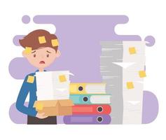 stress at work, worried employee with pile of documents and many stick notes vector