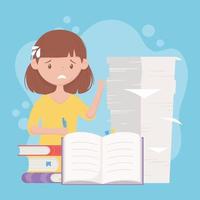 stress at work, worried female employee with stack papers and books vector