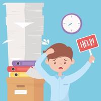 stress at work, stressed worker with help board pile of documents binders on box and clock vector