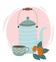 la hora del café, la taza de café, la tetera y las semillas, bebida de aroma fresco. vector