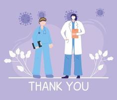 thanks, doctors, nurses, female physician and nurse with mask and medical report vector