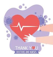 gracias, doctores, enfermeras, manos médicas con latidos del corazón vector