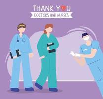 thanks, doctors, nurses, female and male nurses with medical and uniform vector