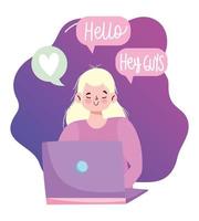 people creativity and technology,girl with laptop speech bubble hello vector