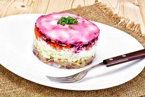 Russian Shuba Salad with Beetroot, Potatoes, Carrots and Herring photo