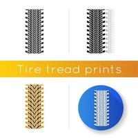 Tire printicon. Detailed automobile, motorcycle directional tyre marks. Car wheel trace with thick grooves. Vehicle street tire trail. Linear black and RGB color styles. Isolated vector illustrations