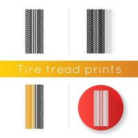 Tire print icon. Detailed automobile, motorcycle tyre marks. Symmetric car wheel trace with thick grooves. Vehicle tire trail. Linear black and RGB color styles. Isolated vector illustrations