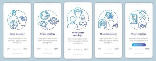 Oncology onboarding mobile app page screen with concepts. Cancer treatment walkthrough five steps graphic instructions. Ocular oncology. Thoracic cancer. UI vector template, RGB color illustrations