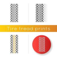 Track tread icon. Detailed automobile, motorcycle street tyre marks. Symmetric car wheel print. Vehicle tire trail. Linear black and RGB color styles. Isolated vector illustrations