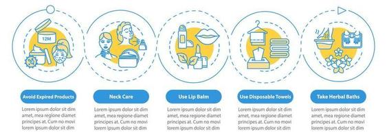 plantilla de infografía de vector de cuidado de la piel. productos caducados. cuello, cuidado de los labios. elementos de diseño de presentación de belleza. visualización de datos con 5 pasos. gráfico de la línea de tiempo del proceso. diseño de flujo de trabajo con iconos lineales