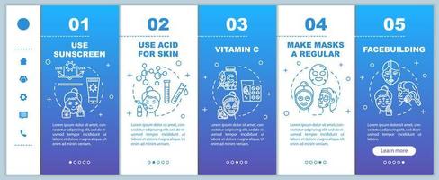 Skincare onboarding vector template. Use sunscreen. Acid for skin and vitamin C. Regular masks, facebuilding. Responsive mobile website with icons. Webpage walkthrough step screens. RGB color concept