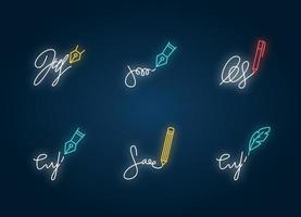 Signatures neon light icons set. Handwriting. Autograph. Proof of identity. Evidence of consent. Legal paper. Signs with outer glowing effect. Vector isolated RGB color illustrations