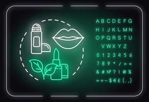 Use lip balm, skin care neon light concept icon. Skin moisturizing, chapped lip prevention idea. Outer glowing sign with alphabet, numbers and symbols. Vector isolated RGB color illustration