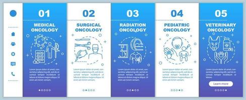 Oncology onboarding vector template. Surgical and radiation cancer treatment. Medical and veterinary oncology. Responsive mobile website with icons. Webpage walkthrough step screens. RGB color concept