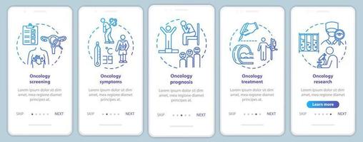 Oncology onboarding mobile app page screen with concepts. Illness treatment walkthrough five steps graphic instructions. Cancer symptoms. Illness prognosis. UI vector template, RGB color illustrations