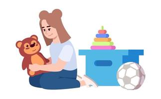 Smiling girl sitting on floor semi flat RGB color vector illustration. Child playing with toys. Kid holding stuffed bear in nursery room, playroom. Isolated cartoon character on white background