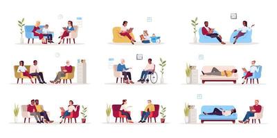 Psychology consultation flat vector illustrations set. Private psychotherapy sessions. Talk therapy. Psychoanalysis. Couple, family difficulties. Marriage counseling. Isolated cartoon characters kit