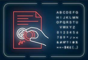 Hand with stamp neon light icon. Certificate. Signed notarized document. Apostille. Validation. Outer glowing effect. Sign with alphabet, numbers and symbols. Vector isolated RGB color illustration