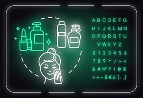 Remove makeup, skin care, hygienic procedure neon light concept icon. Face cleaning, purification idea. Outer glowing sign with alphabet, numbers and symbols. Vector isolated RGB color illustration