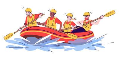 Whitewater rafting flat doodle illustration. People in raft. Water activity. Extreme sports. Active pastime in exotic country. Indonesia tourism 2D cartoon character with outline for commercial use vector