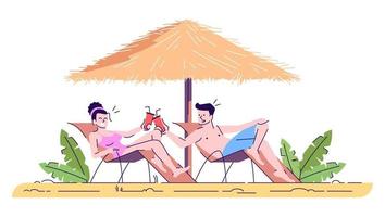 pareja en la ilustración de playa plana doodle. hombre y mujer en tumbonas bebiendo bebidas. vacaciones de verano. país exótico. Indonesia turismo personaje de dibujos animados 2d con contorno para uso comercial vector