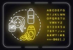 Haircare, organic cosmetic use, beauty neon light concept icon. Natural shampoo, balm, hair mask idea. Outer glowing sign with alphabet, numbers and symbols. Vector isolated RGB color illustration