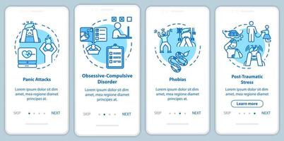 Mental disorders onboarding mobile app page screen with concepts. Panic attacks. Psychological diseases walkthrough four steps graphic instructions. UI vector template with RGB color illustrations