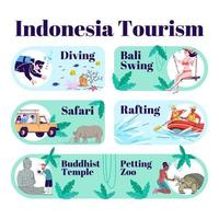 Plantilla de infografía de vector de turismo de Indonesia. safari, buceo, rafting. zoológico de animales acariciables. templo. cartel, diseño de concepto de página de folleto con ilustraciones planas. folleto publicitario, folleto, idea de banner de información.