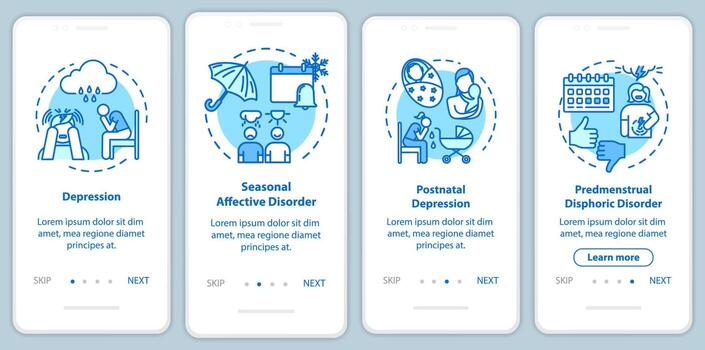 Mental disorder onboarding mobile app page screen with concepts. Depression. Psychological problems walkthrough four steps graphic instructions. UI vector template with RGB color illustrations