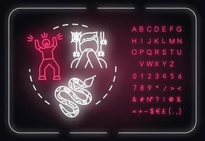 Phobias neon light concept icon. Arachnophobia, herpetophobia idea thin line illustrationidea. Outer glowing sign with alphabet, numbers and symbols. Vector isolated RGB color illustration