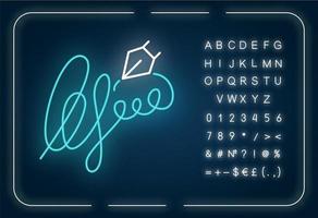 Signature neon light icon. Handwriting. Autograph. Proof of identity. Evidence of consent. Outer glowing effect. Sign with alphabet, numbers and symbols. Vector isolated RGB color illustration