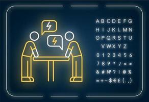 Negotiation neon light icon. Dialogue between parties. Argument. Opposing interests. Conflict. Outer glowing effect. Sign with alphabet, numbers and symbols. Vector isolated RGB color illustration