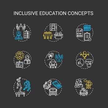 Inclusive education chalk RGB color concept icons set. Individual program. Partial and full inclusion. Specialized teaching idea. VVector isolated chalkboard illustrations on black background vector