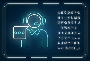 Customer support neon light icon. Call, contact center. Telephone consultant. Phone operator. Outer glowing effect. Sign with alphabet, numbers and symbols. Vector isolated RGB color illustration