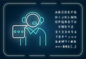 Customer support neon light icon. Call, contact center. Telephone consultant. Phone operator. Outer glowing effect. Sign with alphabet, numbers and symbols. Vector isolated RGB color illustration